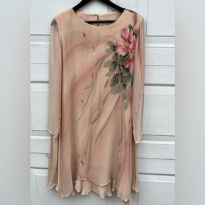 VTG Yolanda Lorente Hand Painted silk dress floral chiffon size M